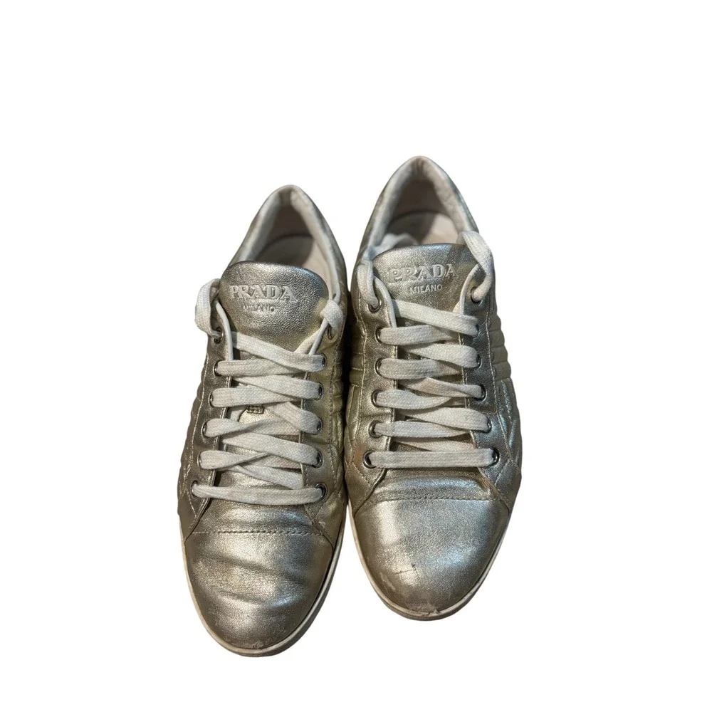 Prada Milano Metallic Gold Quilted Leather Low Top Sneakers‎ 1E254L EU 38.5